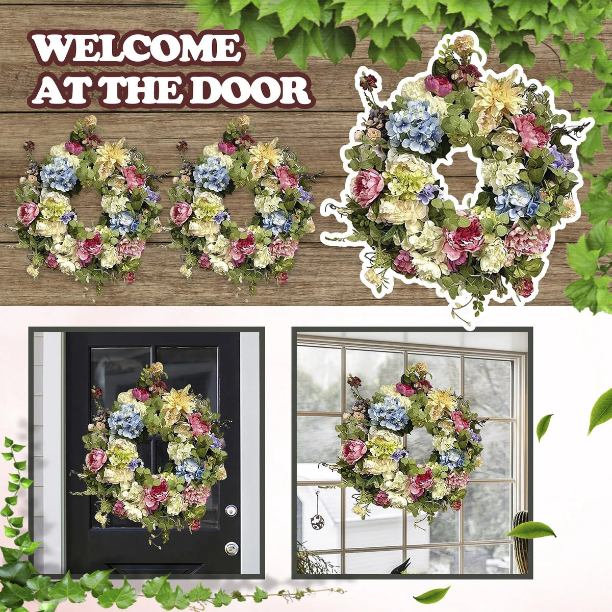 Multicolor Hydrangea Wreath with Green Foliage and Hanging Loop, 35cm