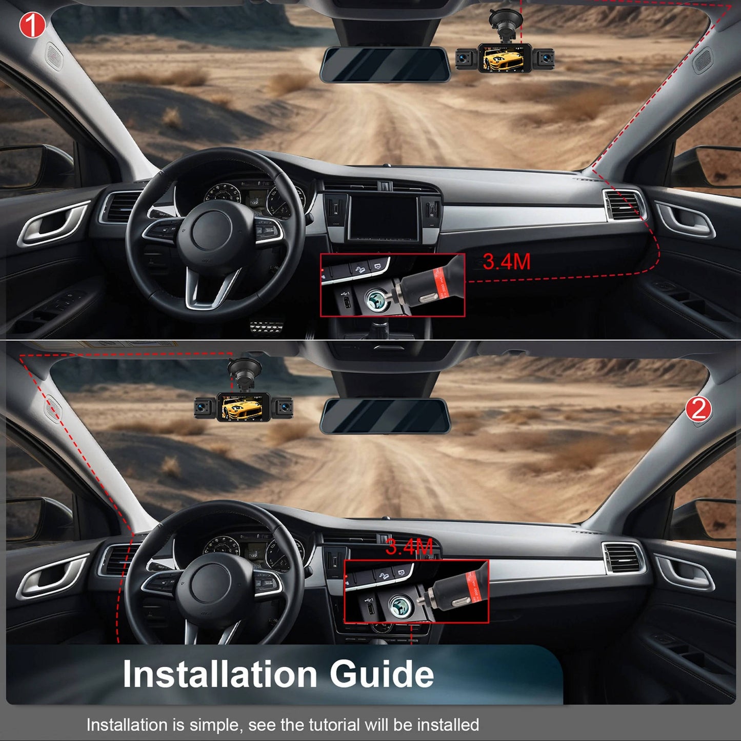 Four-Camera Wireless Dash Cam with Night Vision and Impact Detection, 1920P Front