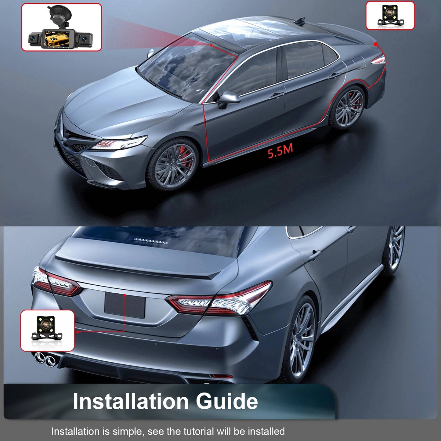 Four-Camera Wireless Dash Cam with Night Vision and Impact Detection, 1920P Front