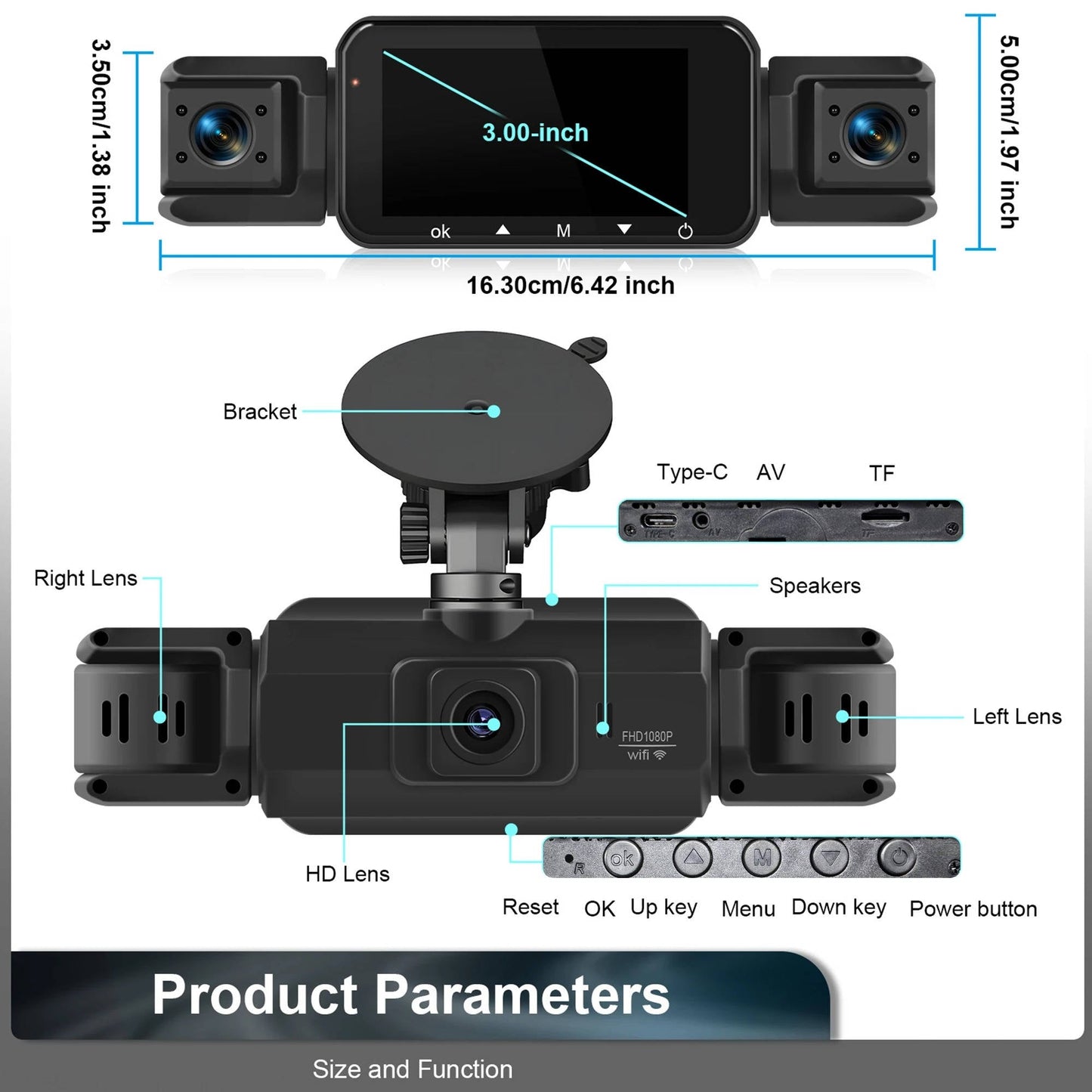 Four-Camera Wireless Dash Cam with Night Vision and Impact Detection, 1920P Front