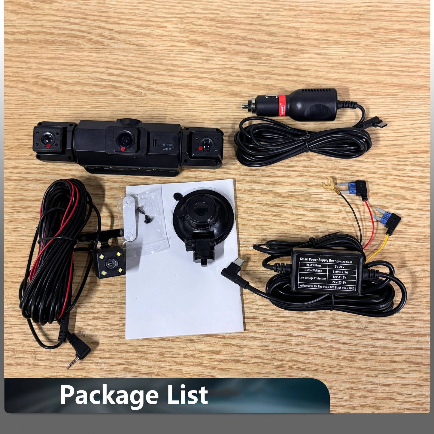 Four-Camera Wireless Dash Cam with Night Vision and Impact Detection, 1920P Front