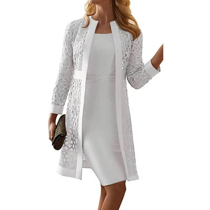 Knee Length Sheath Dress with Open Front Floral Lace Jacket, Two Piece Set