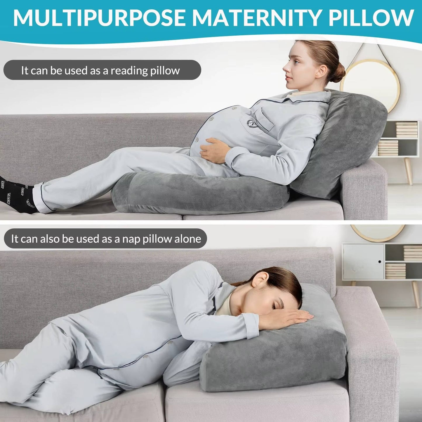 Full Body Maternity Pillow with Circular Belly Cutout and Crushed Sponge Core, 44.5 Inch