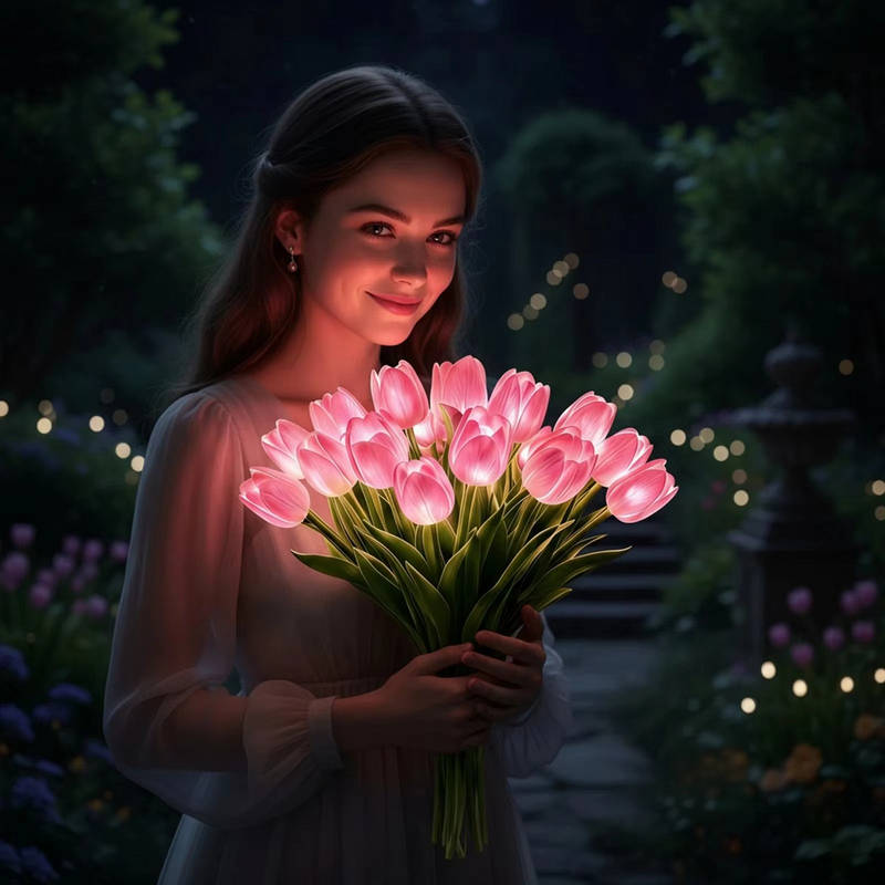 Artificial Tulip Bouquet Night Light with Warm White LED and Real Touch Petals, Battery Operated