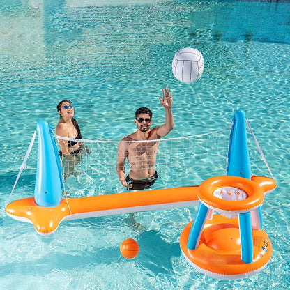 Pool Volleyball and Basketball Net with Fillable Anchor Bags, Complete Game Set