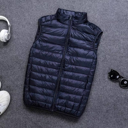 Sleeveless Down Vest with Water Resistant Shell and Stand Collar, Packable