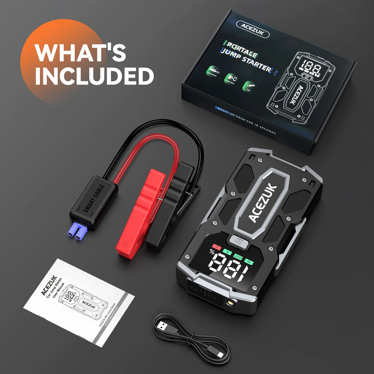 Car Jump Starter and Power Bank with 3000A Peak Output, 12800mAh Capacity