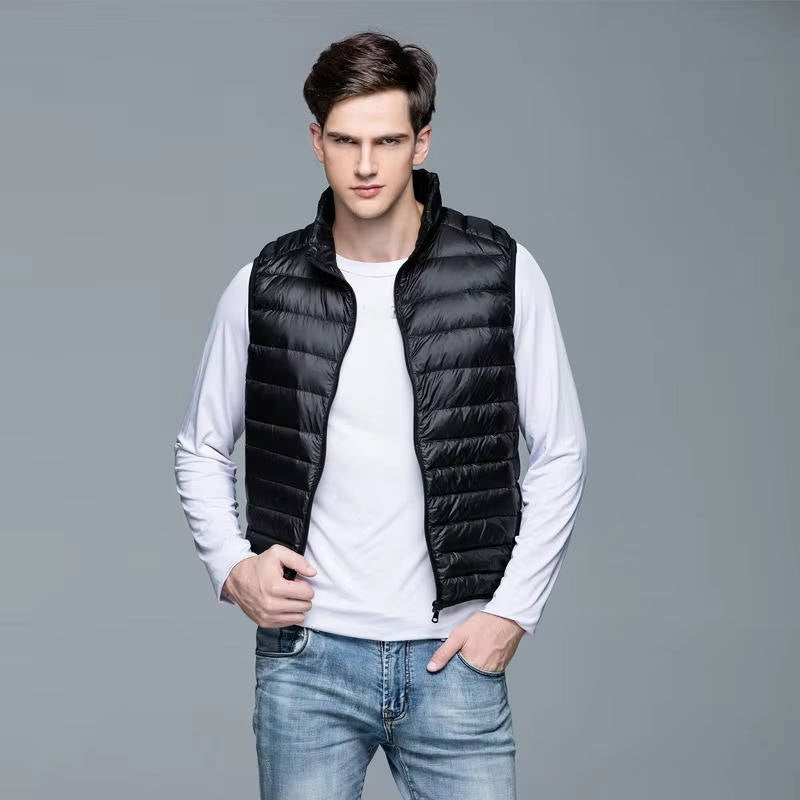 Sleeveless Down Vest with Water Resistant Shell and Stand Collar, Packable