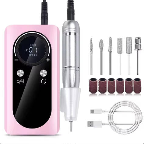 Electric Nail Drill with Six Metal Bits and LCD Speed Display, 45000 RPM