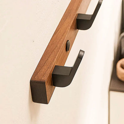 Wall Mounted Coat Rack with 4 Steel Hooks and Solid Wood Base, Matte Black