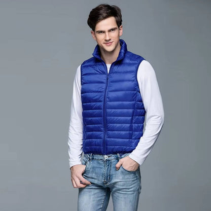 Sleeveless Down Vest with Water Resistant Shell and Stand Collar, Packable
