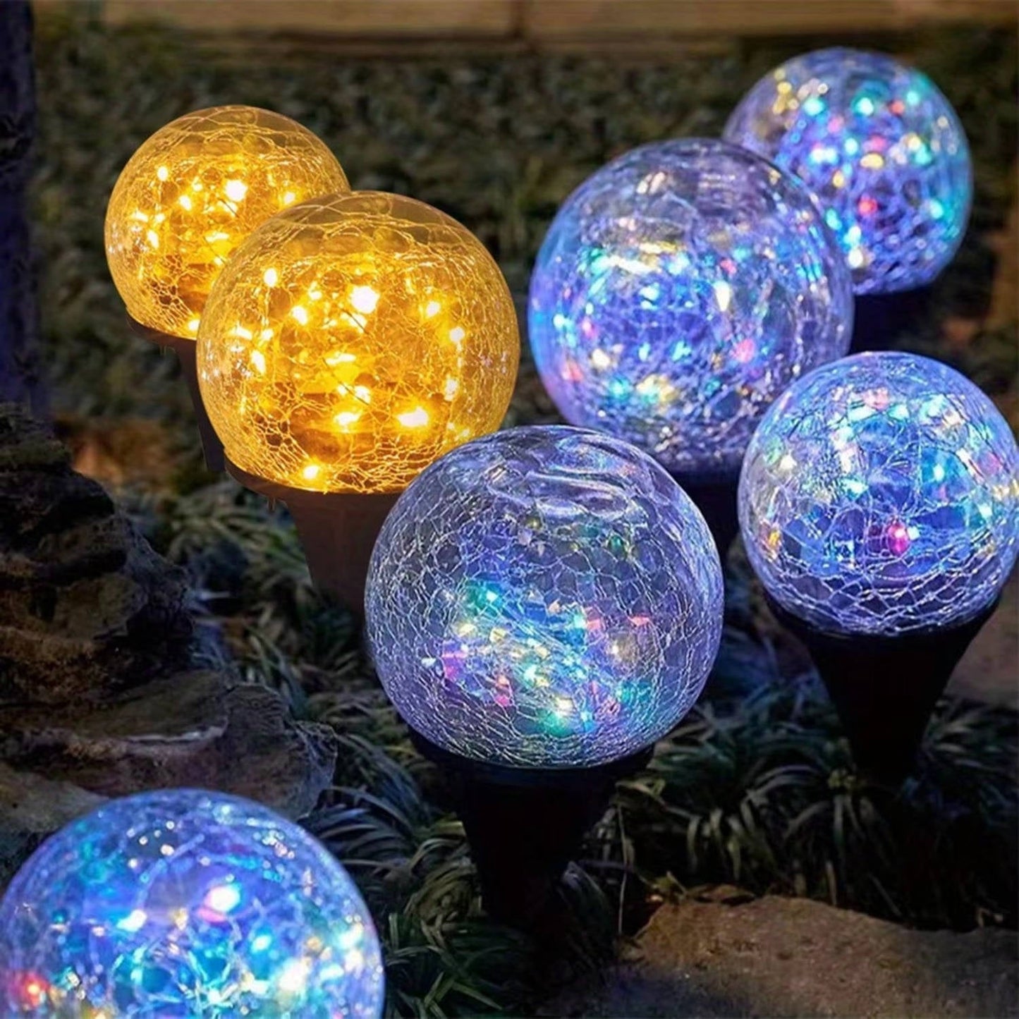 Solar Globe Pathway Lights with Cracked Glass and Automatic Dusk Sensor, 2 Pack