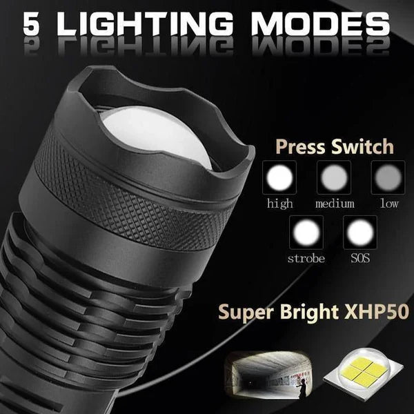 Rechargeable Flashlight with Telescopic Zoom and XHP50 LED, IPX6 Water Resistant All Vera Mart