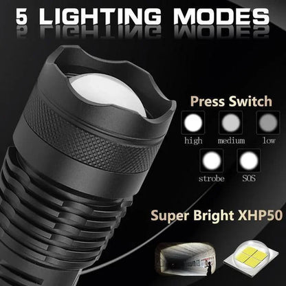 Rechargeable Flashlight with Telescopic Zoom and XHP50 LED, IPX6 Water Resistant All Vera Mart