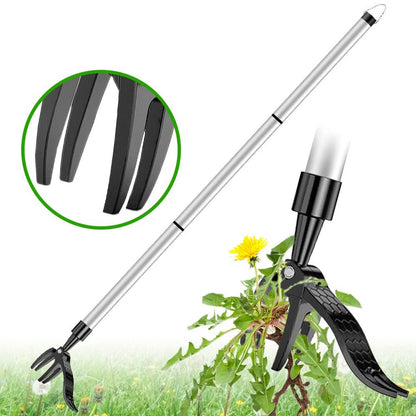 Long Handle Weed Puller with Four Steel Claws and Foot Pedal, Bamboo Handle