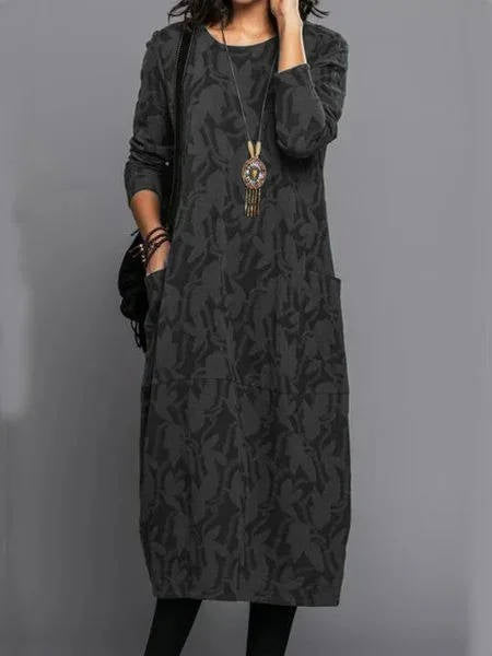 Cotton Blend Midi Dress with Side Pockets and Long Sleeves