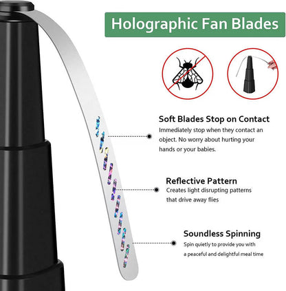 Holographic Spinning Fly Fans with Silent Motor and Soft Stop Blades, 4 Pack