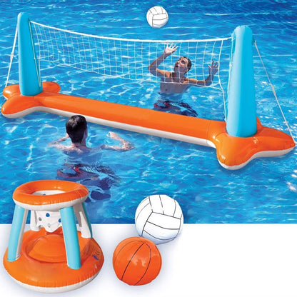 Pool Volleyball and Basketball Net with Fillable Anchor Bags, Complete Game Set