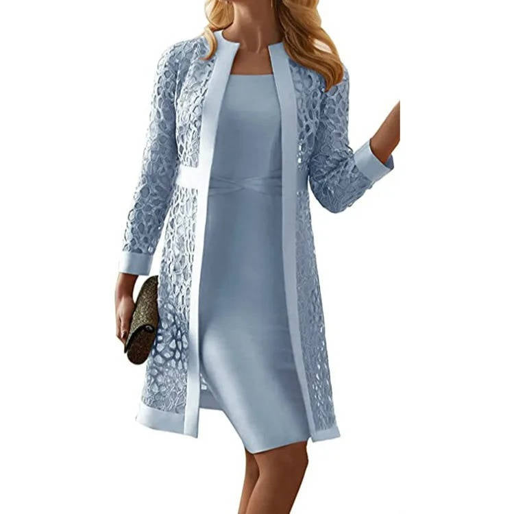 Knee Length Sheath Dress with Open Front Floral Lace Jacket, Two Piece Set
