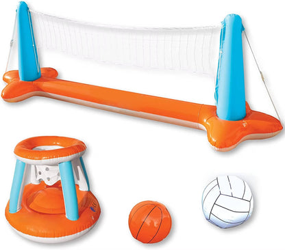 Pool Volleyball and Basketball Net with Fillable Anchor Bags, Complete Game Set