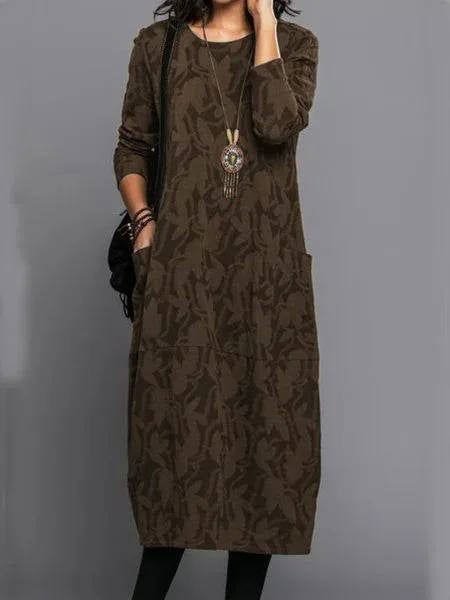 Cotton Blend Midi Dress with Side Pockets and Long Sleeves
