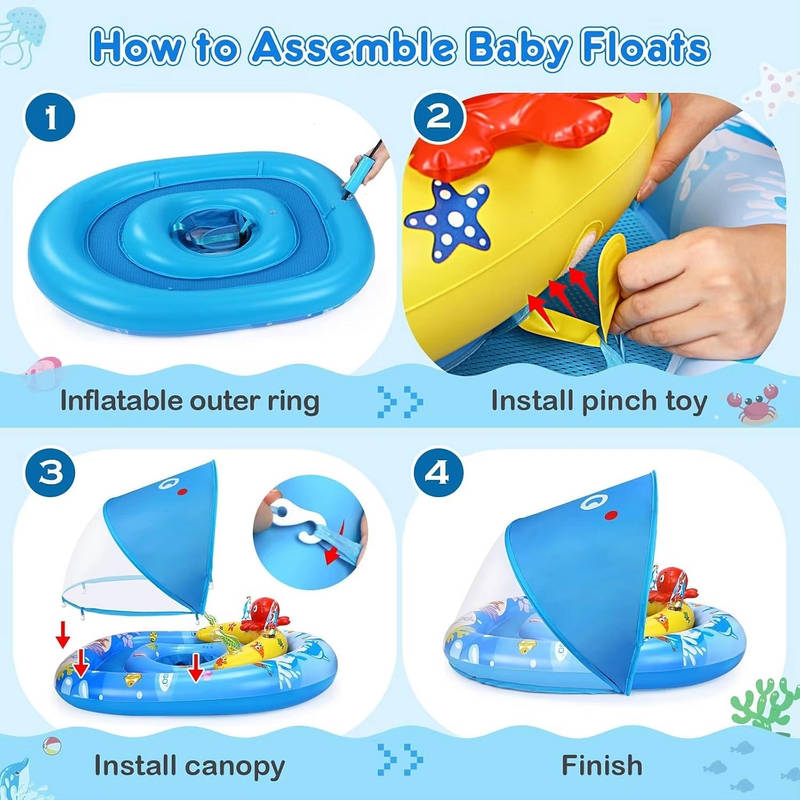 Infant Pool Float with Dual Air Chambers and Adjustable 4-Position Canopy, UPF 50 Sun Protection for 6-36 Months