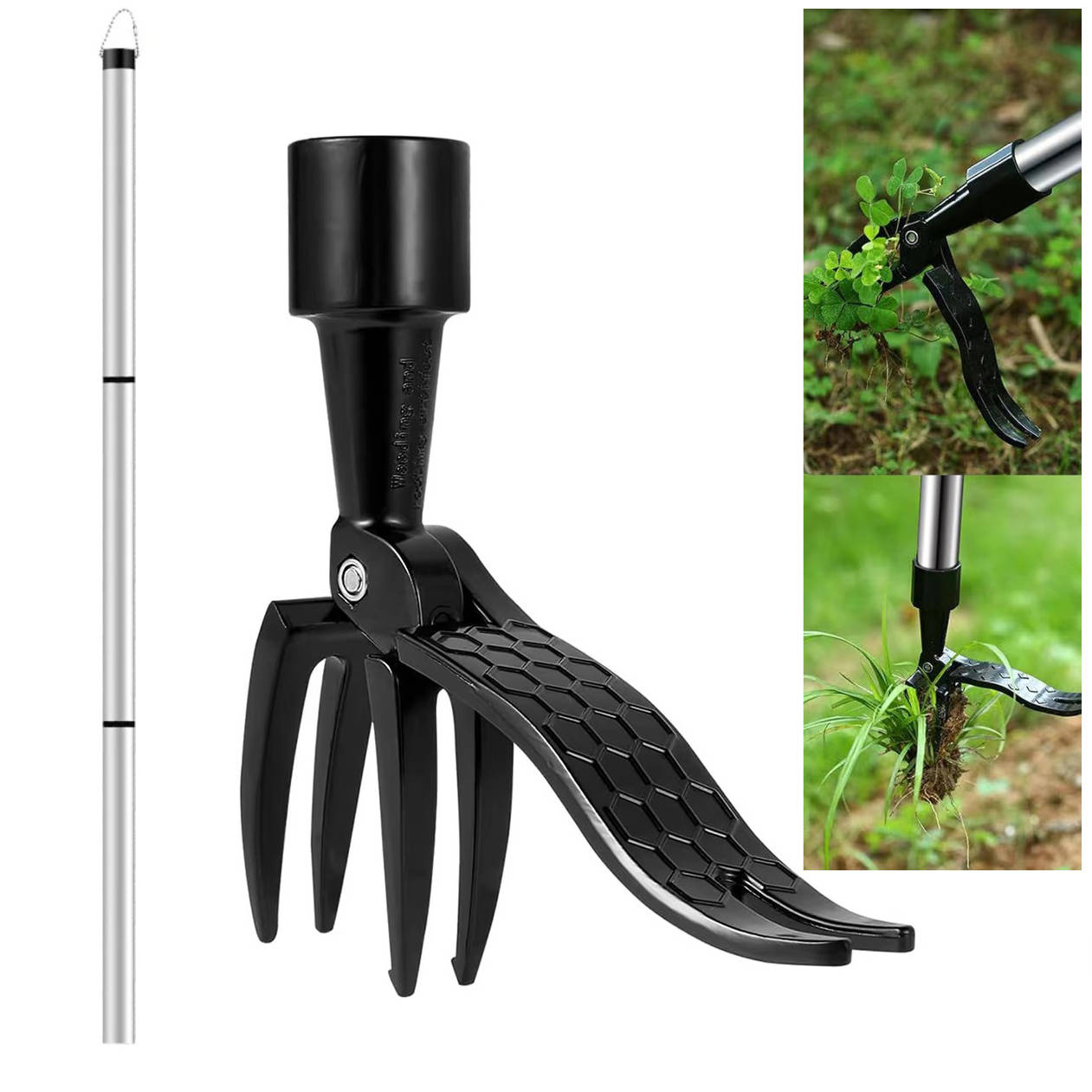 Long Handle Weed Puller with Four Steel Claws and Foot Pedal, Bamboo Handle