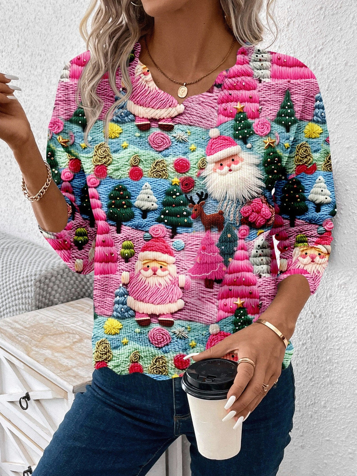 Christmas Pullover Sweater with Multicolor Holiday Pattern and Scalloped Hem