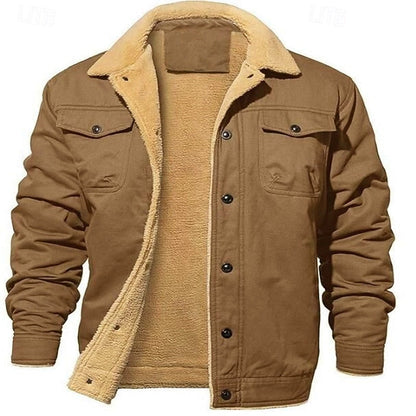 Plush Lined Trucker Jacket with Adjustable Collar and Four Pockets