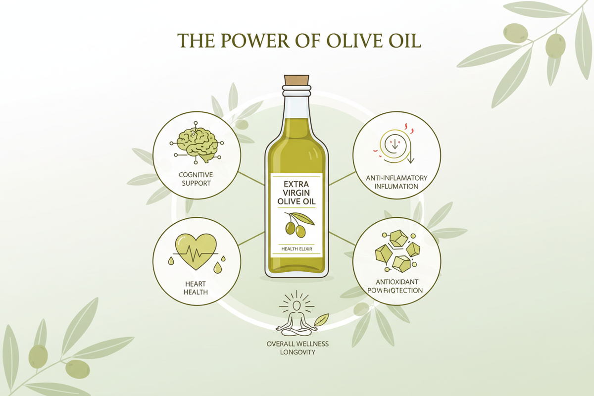 Extra virgin olive oil is renowned for its impressive health benefits:Heart Health: Rich in monounsaturated fats that help reduce bad cholesterol and increase good cholesterol.Anti-inflammatory: Contains oleocanthal, a natural anti-inflammatory compound.Antioxidants: Packed with polyphenols that fight oxidative stress and cellular damage.Brain Health: May help protect against cognitive decline and Alzheimer's disease.Cancer Prevention: Studies suggest it may reduce the risk of certain cancers.Diabetes Manag