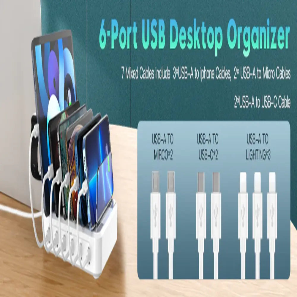 6-Port USB Charging Station with Adjustable Device Slots and Detachable Holders