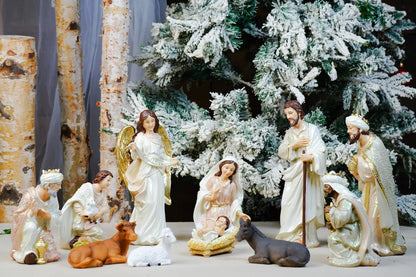 Eleven Piece Blush Pink and Ivory Nativity Set with a Gloria Banner Angel and a Pearlized Finish in Three Sizes