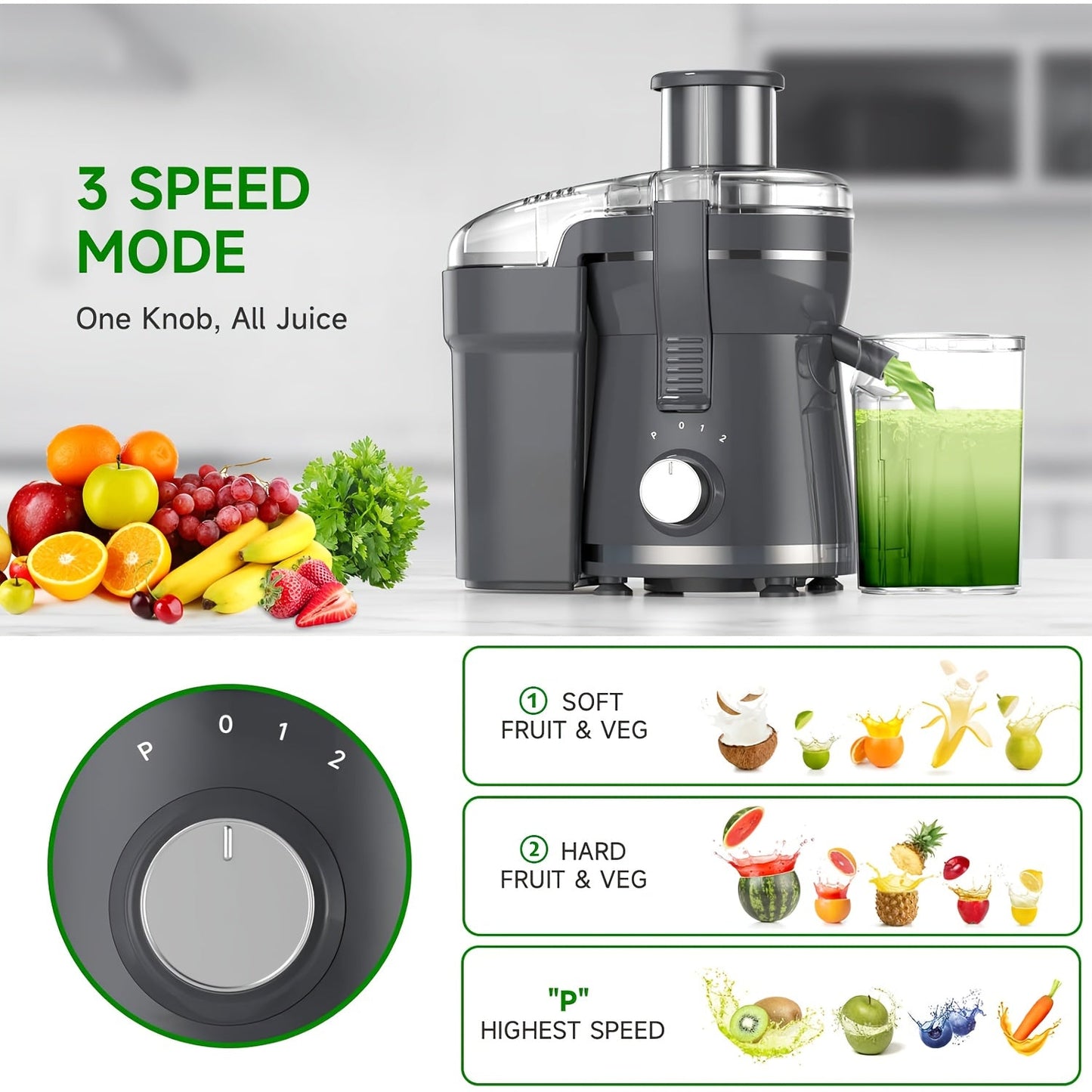 Centrifugal Juicer with 3 Inch Wide Mouth and Dual Speed Settings, 500W