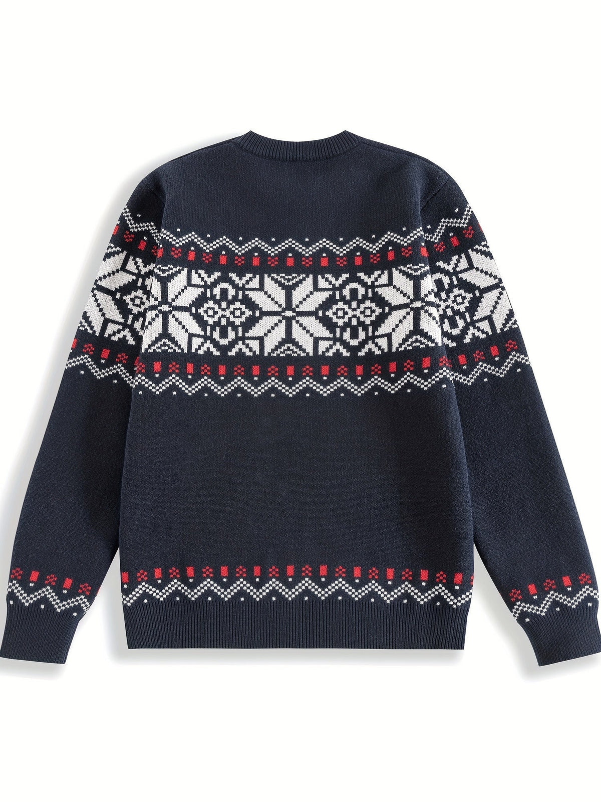 Mens Nordic Snowflake Knit Sweater with Ribbed Cuffs and Hem and a Round Neck in Navy