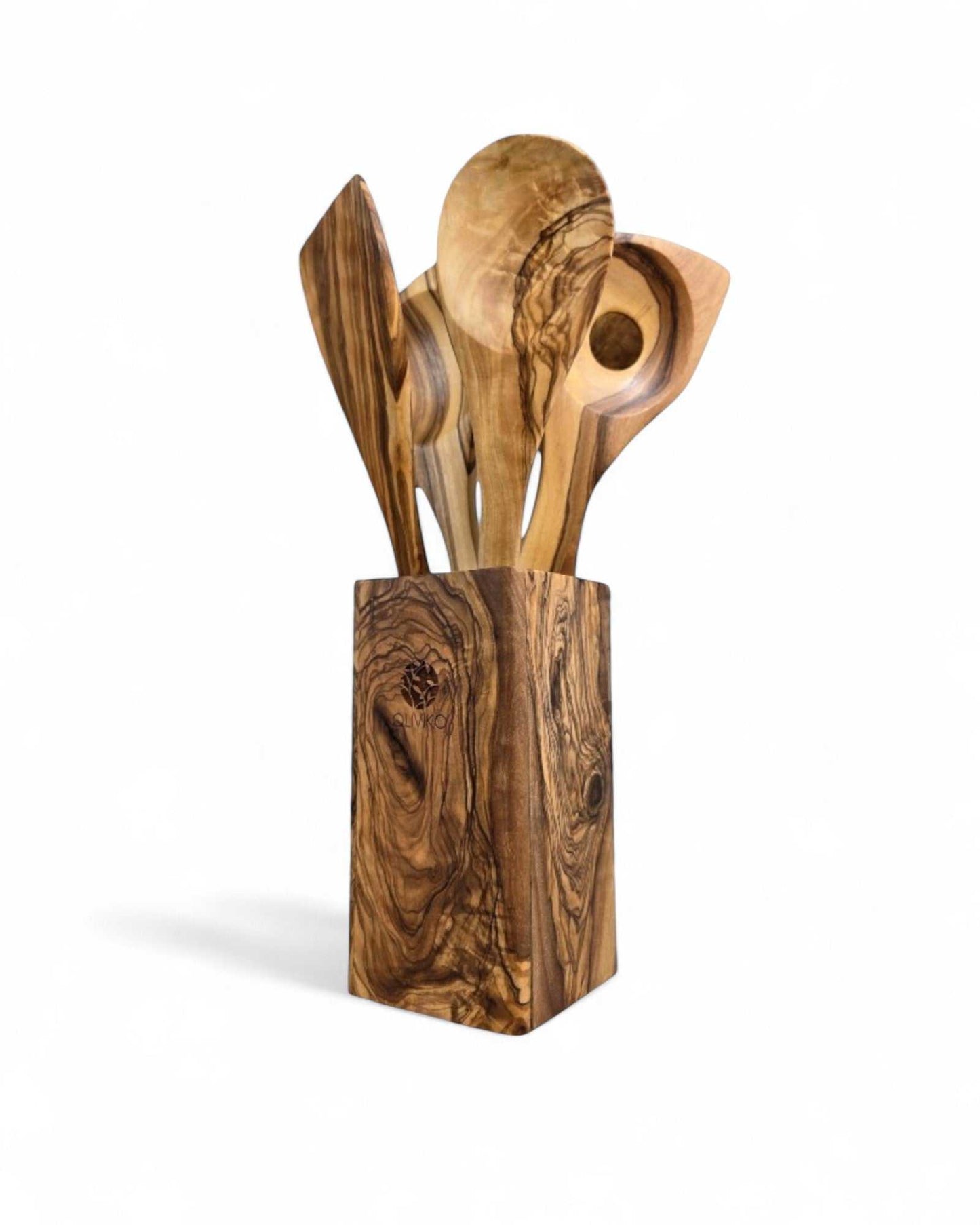 Handcrafted Olive Wood Utensil Set with olive wood spatula, fork, spoons, and holder
