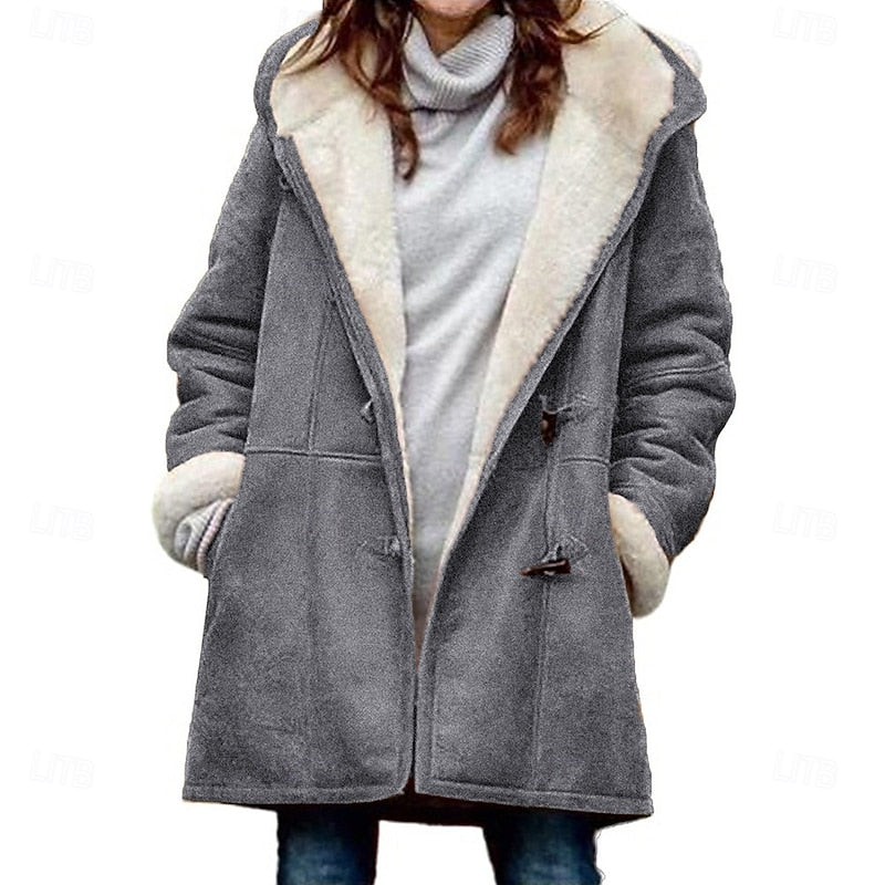 Insulated Hooded Winter Coat with Button Front and Adjustable Hood