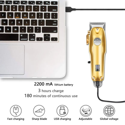 Cordless Metal Hair Clipper with Ceramic Blades and Adjustable Taper Lever, 4 Guide Heads