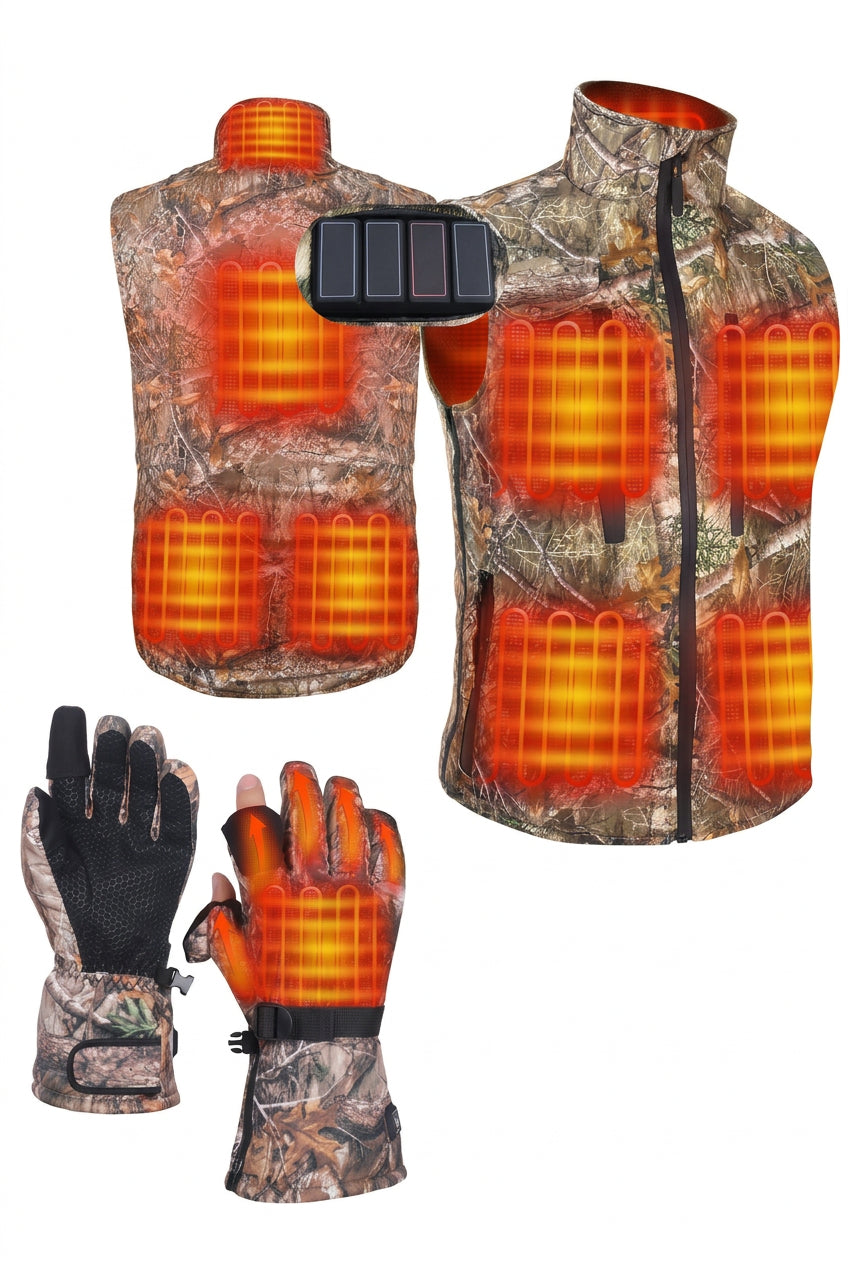 Heated Vest and Glove Set with Eight Zones and Magnetic Flip Fingertips