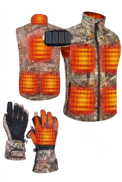 Heated Vest and Glove Set with Eight Zones and Magnetic Flip Fingertips