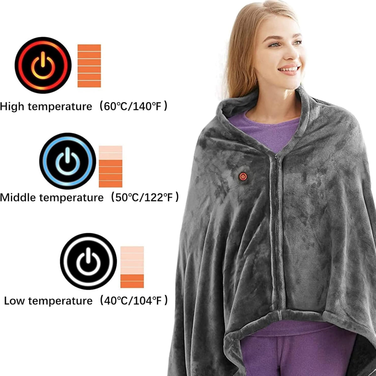 Electric Shawl Blanket with Zipper and Machine Washable, Three Heat Levels