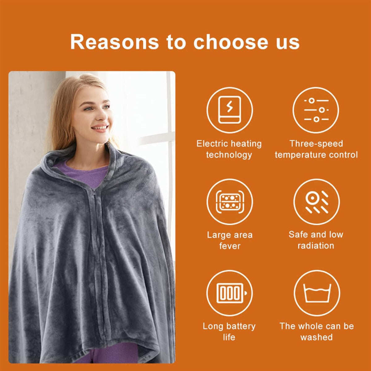 Electric Shawl Blanket with Zipper and Machine Washable, Three Heat Levels