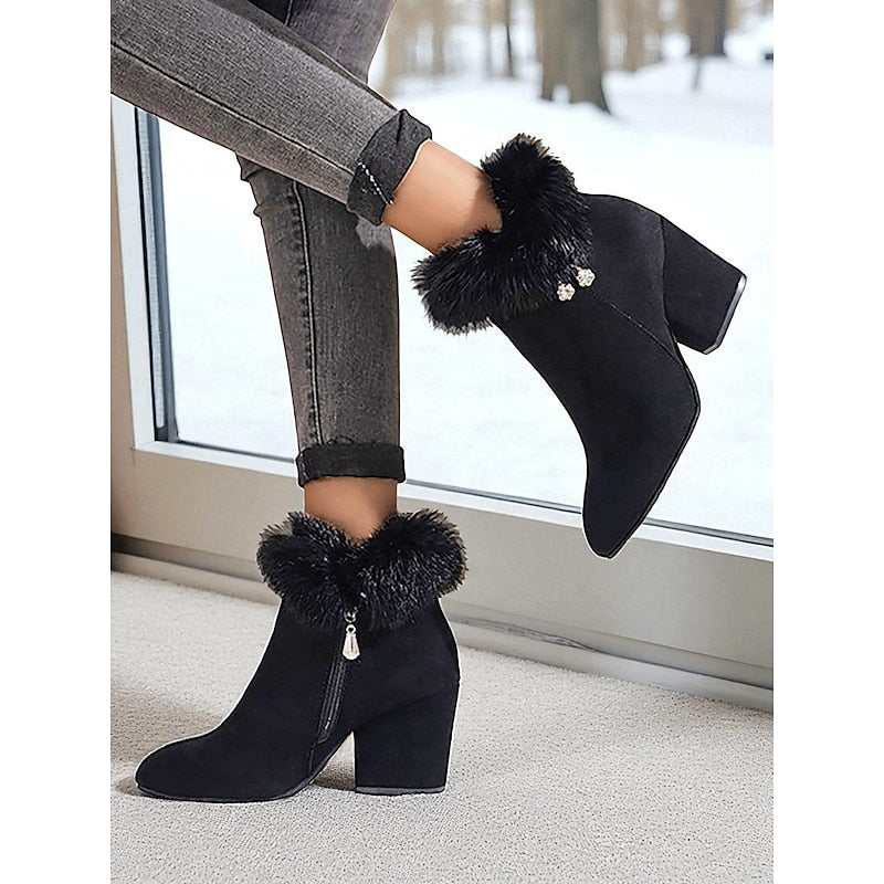 Womens Block Heel Ankle Boots with a Plush Collar, Pointed Toe and Side Zip in Brown or Black