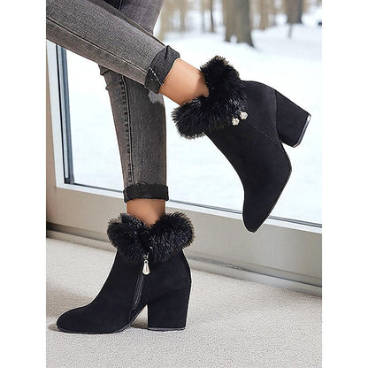 Womens Block Heel Ankle Boots with a Plush Collar, Pointed Toe and Side Zip in Brown or Black