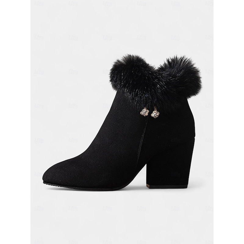 Womens Block Heel Ankle Boots with a Plush Collar, Pointed Toe and Side Zip in Brown or Black