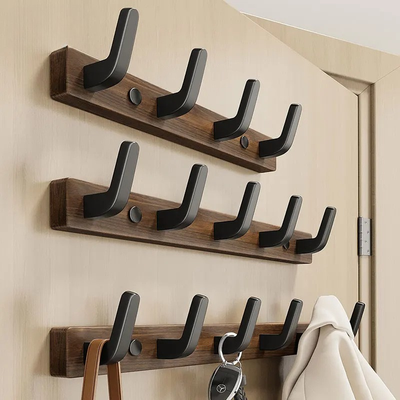 Wall Mounted Coat Rack with 4 Steel Hooks and Solid Wood Base, Matte Black