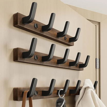 Wall Mounted Coat Rack with 4 Steel Hooks and Solid Wood Base, Matte Black