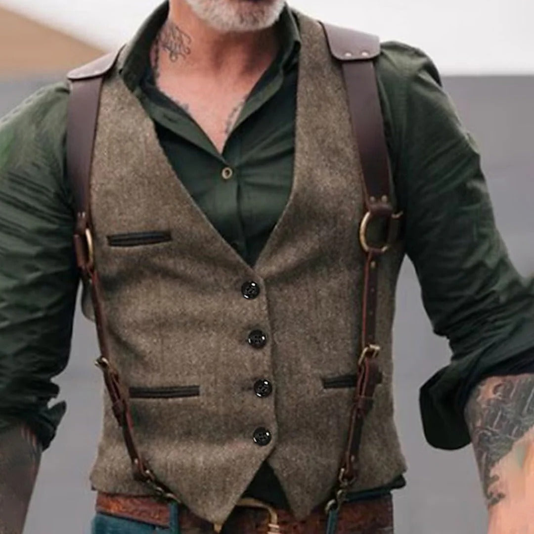 Men's Leather Vest with Button Front Closure and Waist Length Hem