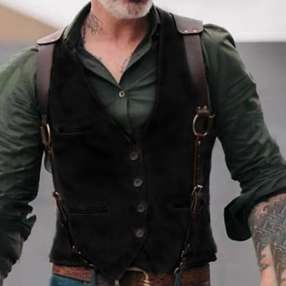 Men's Leather Vest with Button Front Closure and Waist Length Hem