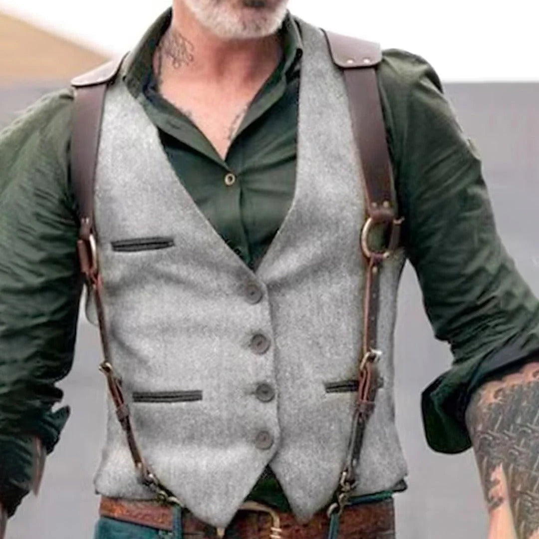 Men's Leather Vest with Button Front Closure and Waist Length Hem