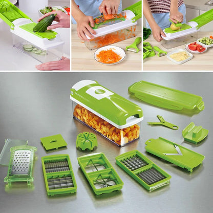 Vegetable Slicer with 8 Interchangeable Cutters and Hand Guard, Built-In Container